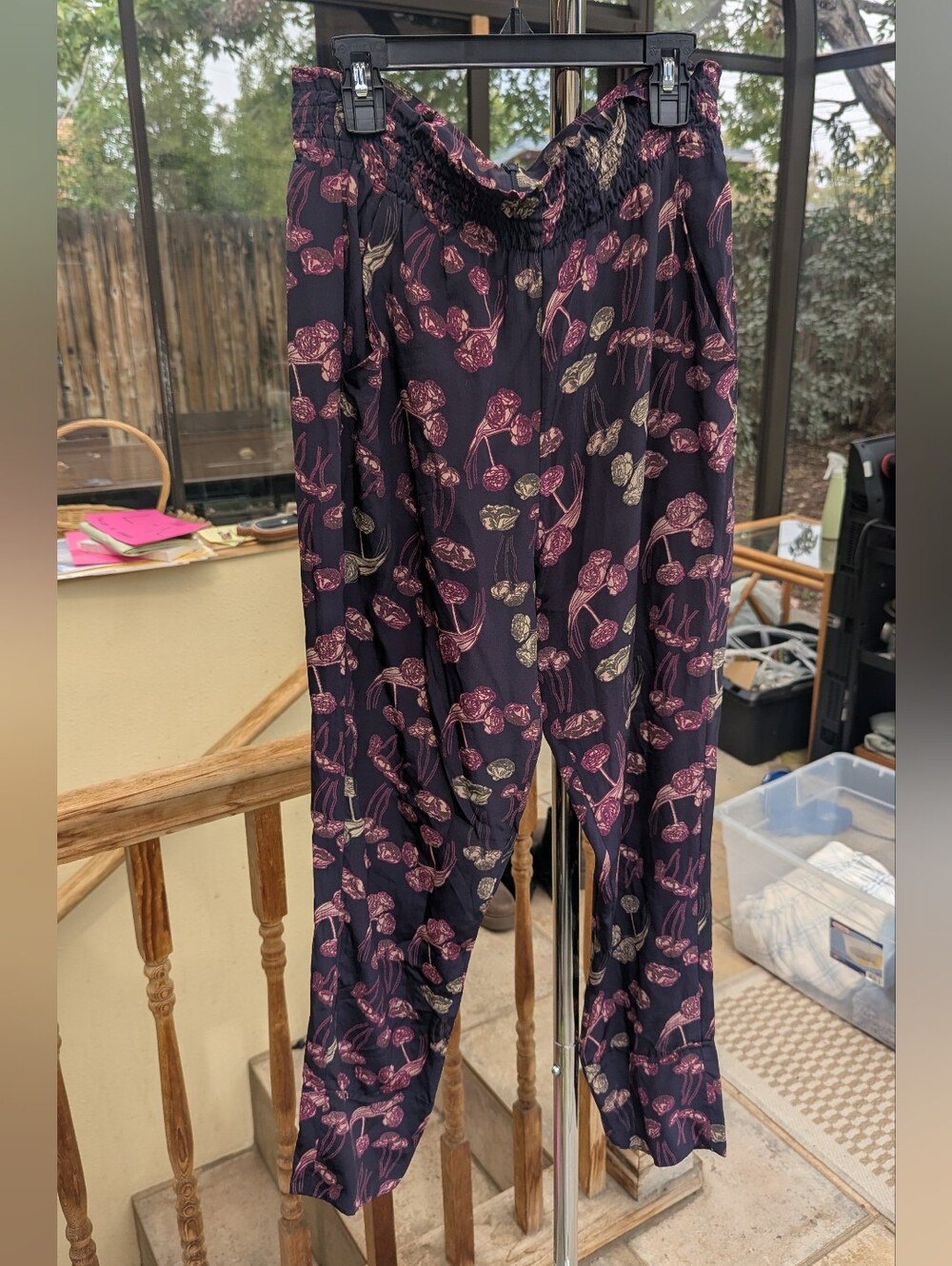 Rachel Comey 100% Silk Floral Print Elastic-Waist Pants Pink